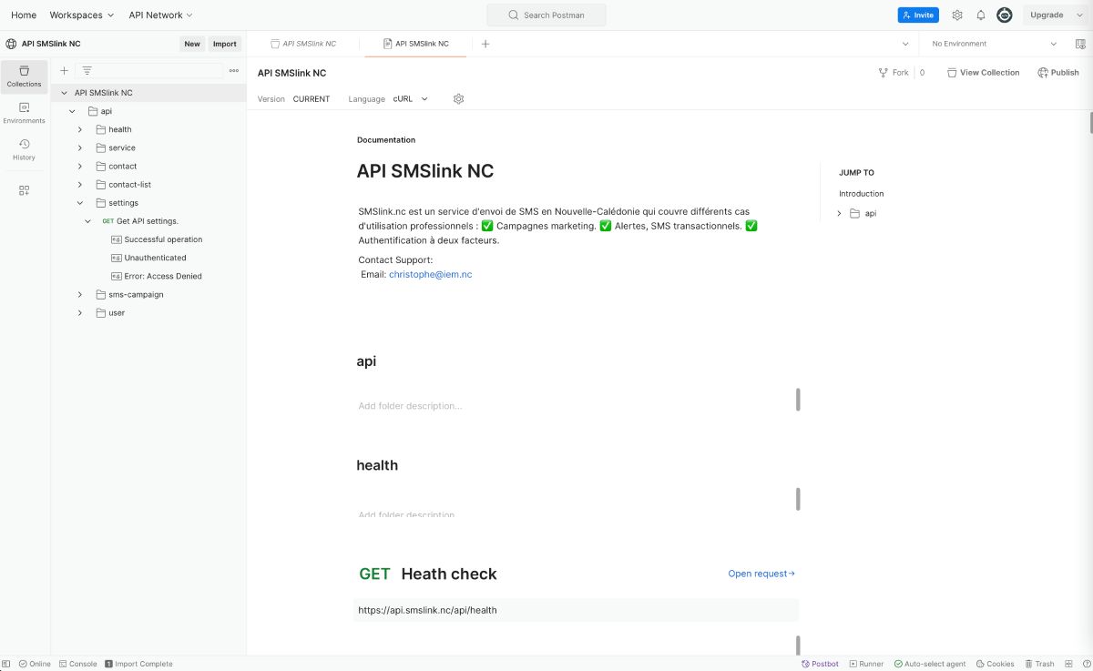 Espace de travail de l'API SMSlink dans Postman